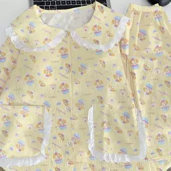 Милая и милая женская пижама с принтом «кавайи» из хлопка «облако», кружевной воротник, нежная домашняя одежда, новая осенне-зимняя женская пижама M бежевый