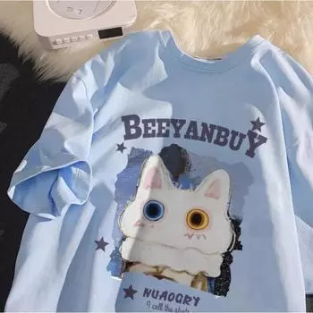 Милая и симпатичная футболка с круглым вырезом и принтом кролика для мужчин и женщин из чистого хлопка, летний модный тренд, повседневный удобный топ с коротким рукавом для пары, Harajuku S абрикосовый