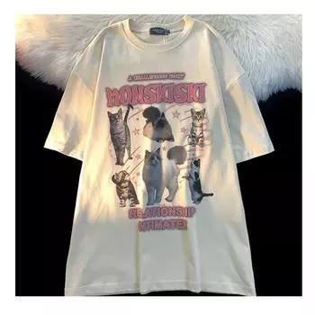 Милая и симпатичная футболка с круглым вырезом и принтом «Маленький кот» для женщин, чистый хлопок, летний модный тренд, повседневный удобный топ с коротким рукавом M белый