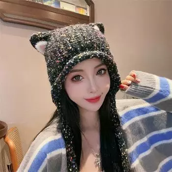 Милая и симпатичная кошачья шапка в форме кошачьего уха, отпаренная, в форме хлеба, вязаная шапка для женщин, новая, со шнуровкой, теплая, шерстяная шапка для защиты ушей M56-58cm чёрный