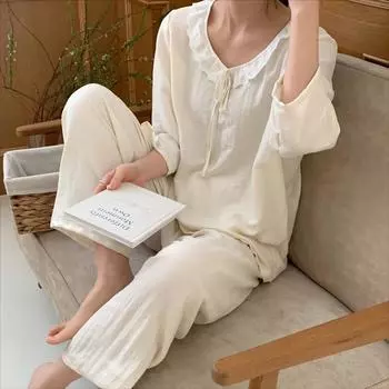 Милая и симпатичная пижама с кукольным воротником для девочек, весна и лето, новая пижама из хлопка, мягкая домашняя одежда, брюки с длинными рукавами, домашняя одежда One Size белый