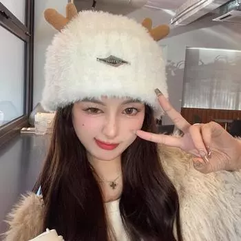 Милая и симпатичная плюшевая шапка с оленем, женская утолщенная вязаная шапка, зимняя теплая шерстяная шапка-пуловер Tide One Size