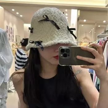 Милая и симпатичная японская шляпа рыбака с бантом из гранулированного плюша, универсальная шляпа-ведро для женщин на осень и зиму 56-58cm чёрный