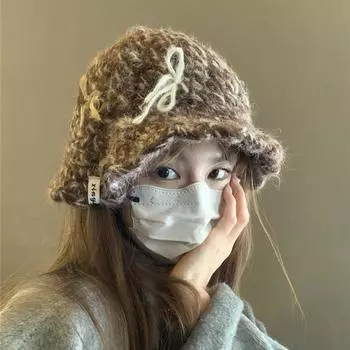 Милая и симпатичная шапка с бантом, связанная крючком вручную, женская теплая универсальная вязаная шапка, защитная шапка для ушей M53-57cm чёрный