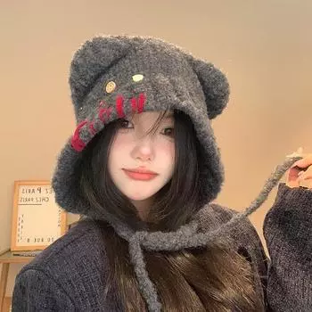 Милая и симпатичная шапка с ушками медведя на пуговицах женская, осень-зима 2024, теплая и холодная, защищающая лицо, маленькая защитная шерстяная шапка M56-58cm серый