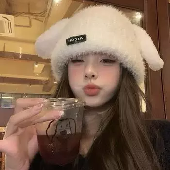 Милая и симпатичная шерстяная шапка женская осенне-зимняя холодная и теплая защита ушей большая окружность головы плюшевая универсальная вязаная шапка Average size (54-59cm) белый