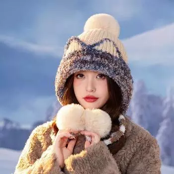 Милая и симпатичная теплая шерстяная шапка женская осенне-зимняя флисовая утолщенная защитная вязаная шапка утепленная шапка-ушанка hat чёрный