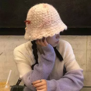 Милая и симпатичная вязаная шапка-ведро с бантом, женская осенне-зимняя универсальная теплая защитная шапка для ушей с большой окружностью головы из шерсти M (56-58cm) bow wool hat