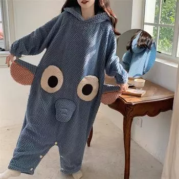 Милая и симпатичная женская пижама с героями мультфильмов, цельная пижама с капюшоном, свободная повседневная пижама из кораллового флиса, фланелевая домашняя одежда M синий