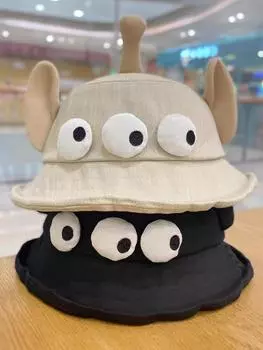 Милая и смешная трехглазая шляпа рыбака с большими ушами, детская модная универсальная мультяшная шляпа с изображением маленького лица, солнцезащитный козырек, солнцезащитный козырек, человечек M56-58cm чёрный