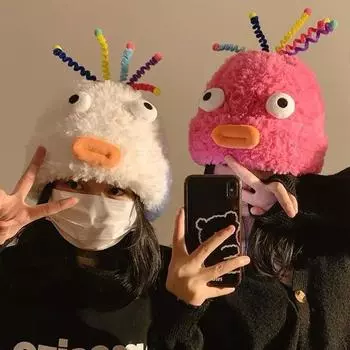 Милая и забавная плюшевая шапка женская осенне-зимняя универсальная большая окружность головы теплая шерстяная вязаная шапка 2024 новая студенческая M56-58cm