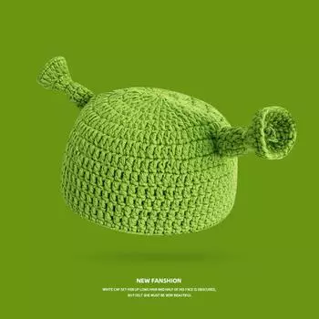 Милая и забавная шапка, вязаная вручную, теплая зимняя шерстяная шапка, мужская и женская мультяшная шапка для родителей и детей в корейском стиле One Size зелёный