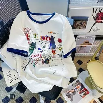 Милая и забавная женская футболка с принтом, летняя свободная универсальная женская футболка с короткими рукавами, универсальный топ большого размера с круглым вырезом onesize белый