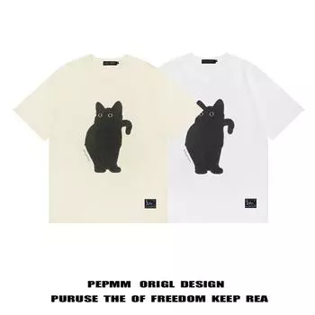Милая и загадочная футболка с круглым вырезом и принтом черного кота для мужчин и женщин, летняя модная тенденция в стиле ретро, повседневный свободный удобный топ с короткими рукавами для пар, Harajuku S белый