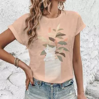 Милая и живая футболка с принтом мультяшного кота, высококачественная дышащая футболка, летняя модная свободная женская одежда с круглым вырезом S