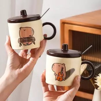 Милая капибала с крышкой ложка керамическая чашка большой емкости набор простая кружка сувенир подарочный стакан для воды студент 350ML