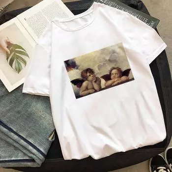 Милая картина маслом ангела с принтом, женская футболка, летняя мода, повседневная, забавная, Kawaii, женская, Harajuku S белый