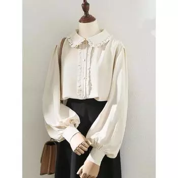 Милая кавайная блузка в стиле Лолиты, милые оборки, элегантные винтажные рубашки с длинными рукавами, женские свободные повседневные топы с воротником Питера Пэна S абрикосовый