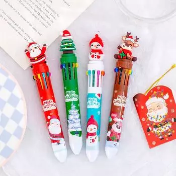 Милая кавайная рождественская разноцветная шариковая ручка с изображением Санта-Клауса, снеговиков, 10 цветных ручек для нажатия, канцелярские принадлежности для студентов, подарки A1