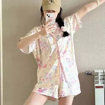 Милая кавайная женская пижама с маленьким котом и собакой Y2k Япония, корейский мультфильм, милая ночная рубашка Harajuku 2024, новые летние классные шезлонги L белый