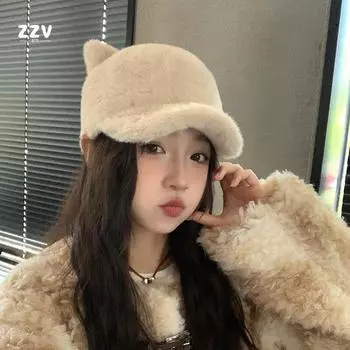 Милая кепка с кошачьими ушками, детская, осенне-зимняя, универсальная, утепленная, защитная от холода, плюшевая бейсболка one size fits all бежевый