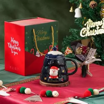 Милая керамическая чашка для воды с крышкой-ложкой, мультяшная чашка для офиса для девочек, эффектный внешний вид, рождественский подарок, новый Christmas mug