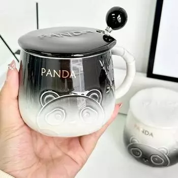 Милая керамическая чашка для завтрака с крышкой-ложкой, китайская градиентная кружка с рисунком панды, оригинальные кружки, кофейные чашки, необычный набор чашек для чая, стеклянный бар 400ml