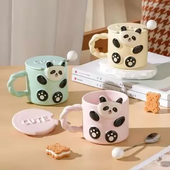 Милая керамическая чашка с крышкой и ложкой в виде панды для завтрака, овсянки, молока, чая, кружки для кофе, сока, йогурта, стакана для офисной воды, подарка девушке 380ml зелёный