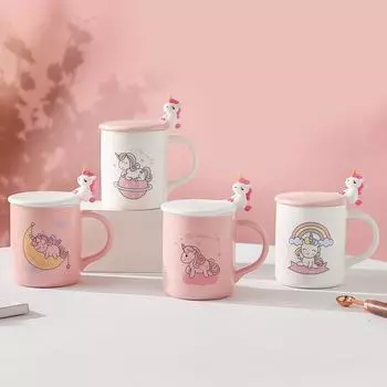 Милая керамическая чашка с крышкой и ложкой, высококачественная кружка в форме единорога большой емкости для домашнего набора чашек 430ML