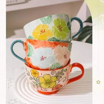 Милая керамическая кружка большой емкости с цветочным узором, расписанная вручную, кружки для кофе, завтрака, овсянки, молока, питьевой воды, чашки для чая, подарки 500ml