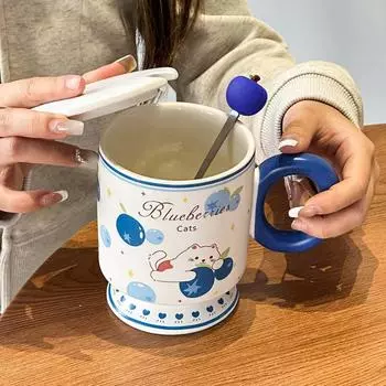 Милая керамическая кружка для воды для девочек дома, высокая кружка с крышкой и ложкой, офисная кофейная кружка 500ml