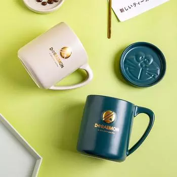 Милая керамическая кружка, мультяшная кофейная чашка, чайная кружка с крышкой, синий чайный набор Fat Man 280 мл белый