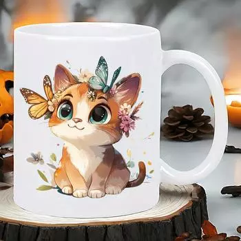 Милая керамическая кружка с изображением мультяшного кота, бабочки и цветочной короны — идеальный подарок для любителей кошек и кофеманов 320ml