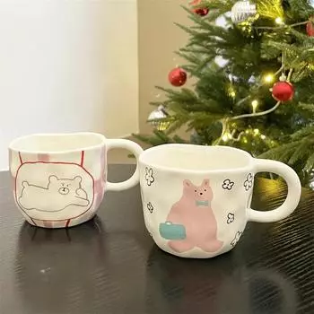 Милая керамическая кружка с медведем, сжатая вручную, нестандартная фарфоровая кофейная чашка для завтрака, молока, овсянки, чашки для воды для офиса, пара, подарок 201-300ml