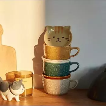 Милая керамическая кружка Японская керамическая мультяшная чашка с котом и крышкой Кофейная чашка Милая чашка для завтрака Креативная чашка для кофе с молоком Пара с крышкой Mug with cartoon lid