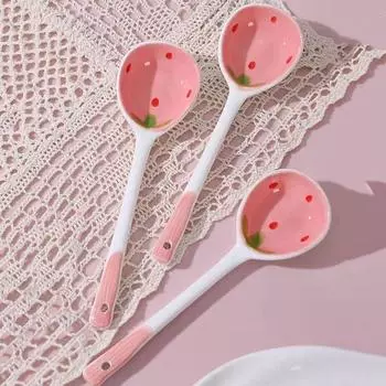 Милая керамическая ложка для клубничного супа, кавайная корейская десертная ложка для мороженого с длинной ручкой, кухонные принадлежности