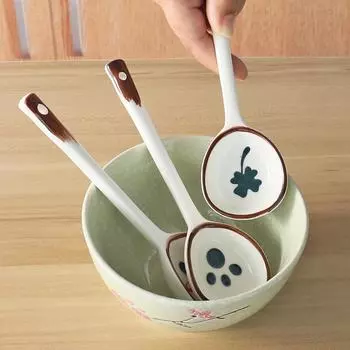 Милая керамическая суповая ложка Kawaii, расписанная вручную, кофейная десертная ложка с длинной ручкой