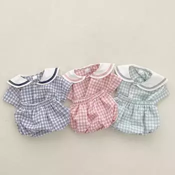 Милая клетчатая одежда для мальчиков и девочек, хлопковая одежда с короткими рукавами и лацканами, одежда для малышей 66
