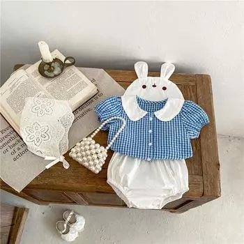 Милая клетчатая одежда для маленьких девочек 0-3 лет, топ с кроличьим воротником и короткими рукавами + шорты, одежда для маленьких девочек 66