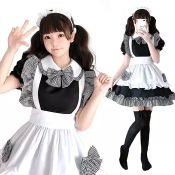 Милая клетчатая одежда горничной высокого качества, комплект, большой размер S, горничная, косплей, короткие рукава, оборки, черный белый костюм, фартук, повязка на голову, маскировка, униформа, кофе