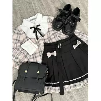 Милая клетчатая рубашка в стиле колледжа в стиле пэчворк с плиссированной юбкой, комплект из двух предметов, женский корейский модный ретро-галстук-бабочка, милый темпераментный осенний костюм XL