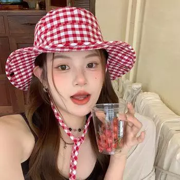 Милая клетчатая шляпа-ведро с ремешками, женская летняя универсальная шляпа с большими полями, солнцезащитная шляпа с защитой от ультрафиолета M56-58cm