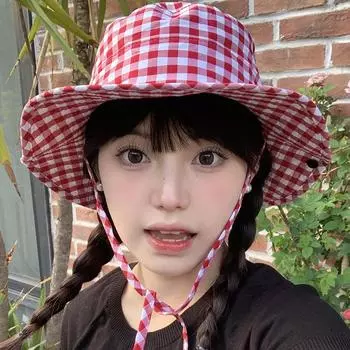 Милая клетчатая шляпа-ведро с завязками для женщин, весна-лето, защита от ультрафиолета, большие поля, защита от солнца, универсальная шляпа от солнца 56-58cm красный