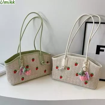 Милая клубничная пляжная сумка на плечо с молнией, тканая пляжная сумка, повседневная большая сумка, праздничная дорожная сумка для женщин и девочек бежевый