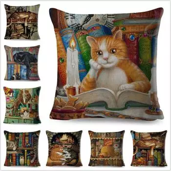 Милая книга кошка вечерние Чехлы для подушек Декор мультфильм животных наволочка с принтом Cojines полиэстер наволочка для дивана дома 40x40cm