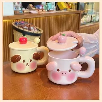 Милая кофейная чашка, керамическая чашка для девочек с крышкой, ложка, чашка для завтрака с молоком, кружка для пары, подарок на день рождения, чашка для воды 401-500ml