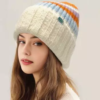 Милая контрастная полосатая шапка женская милая теплая универсальная шерстяная вязаная шапка серый
