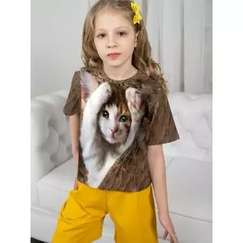 Милая коричневая футболка с изображением головы кота для девочек, детский топ с круглым вырезом и короткими рукавами 110