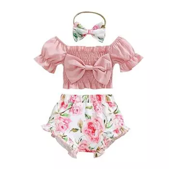 Милая короткая блузка с розовым бантом для маленьких девочек, топ, шорты с цветочным принтом, комплект с повязкой на голову, летняя одежда принцессы для девочек, наряд 120