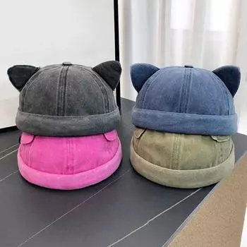 Милая кошачья шляпа без полей с ушками, регулируемая шляпа-тазик, простая однотонная шапка-бини для улицы хаки